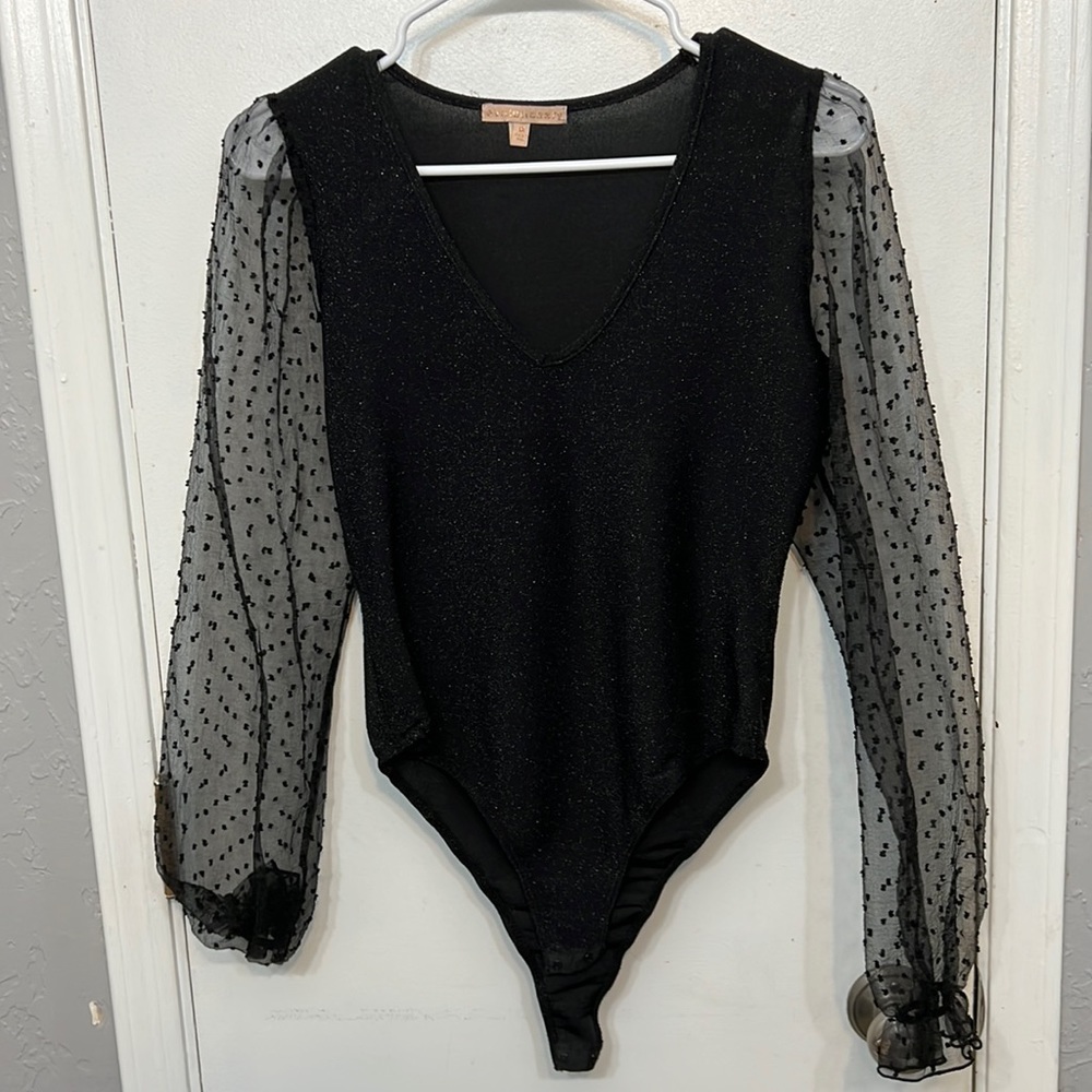 Mesh Sleeve Black Glittery Bodysuit